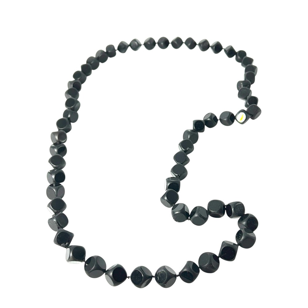 Vtg Matte Black Cube Bead studio artisan Long Strand Necklace Geometric Faceted